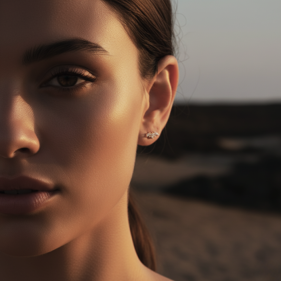 Boucles d'oreilles en or en forme de couronne avec topaze blanche pour peau sensible