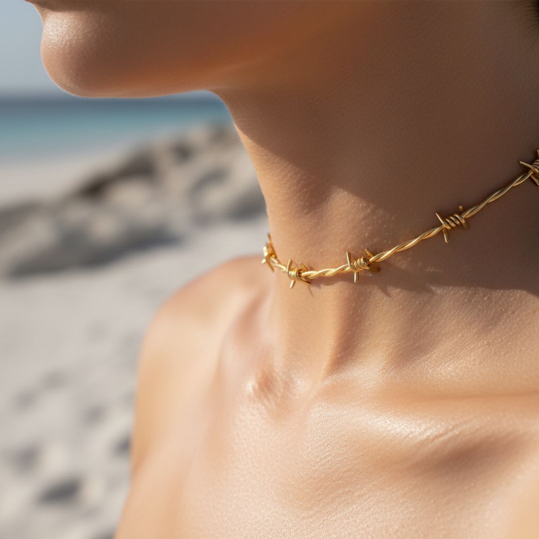 Prikkeldraad Choker Ketting - Verguld of Rhodium Geplateerd met Verlengstuk