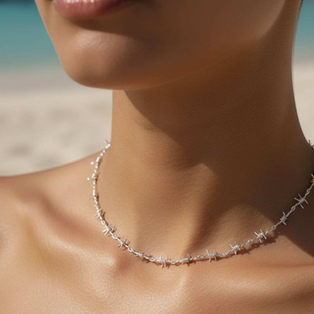 Prikkeldraad Choker Ketting - Verguld of Rhodium Geplateerd met Verlengstuk