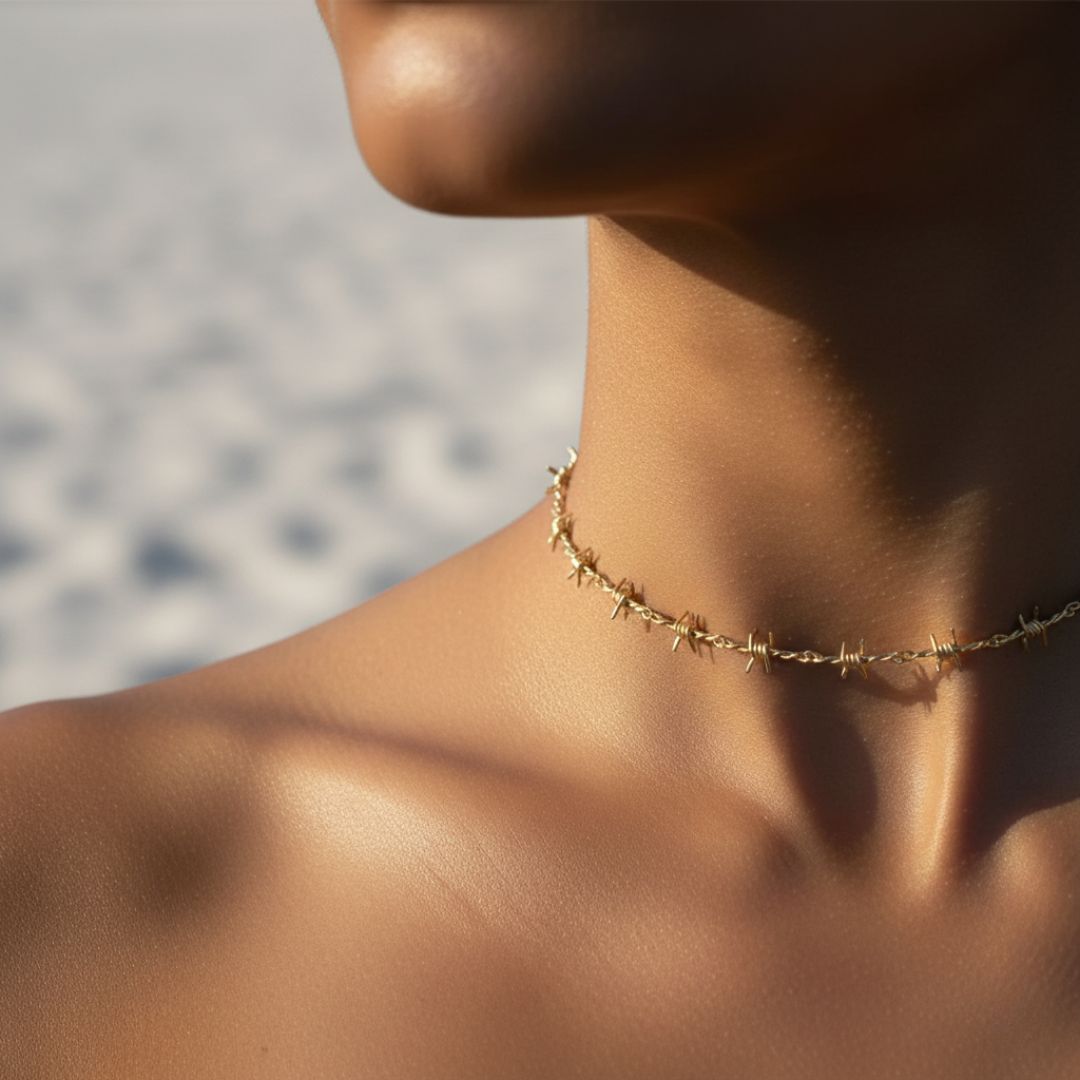 Prikkeldraad Choker Ketting - Verguld of Rhodium Geplateerd met Verlengstuk