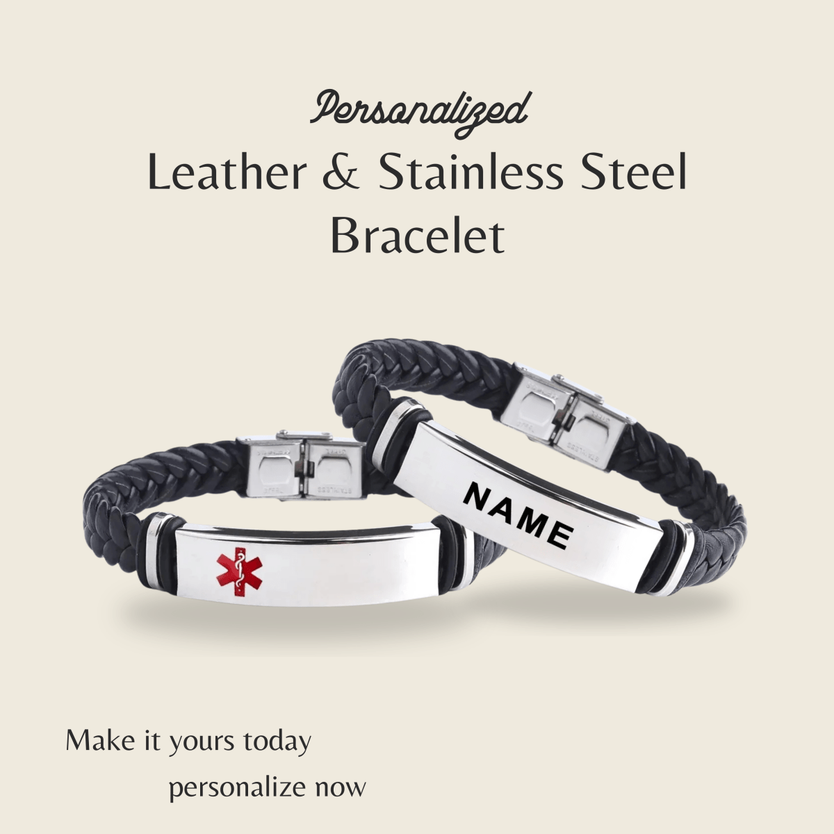 BRAVION – Gepersonaliseerde leren en roestvrijstalen ID-armband
