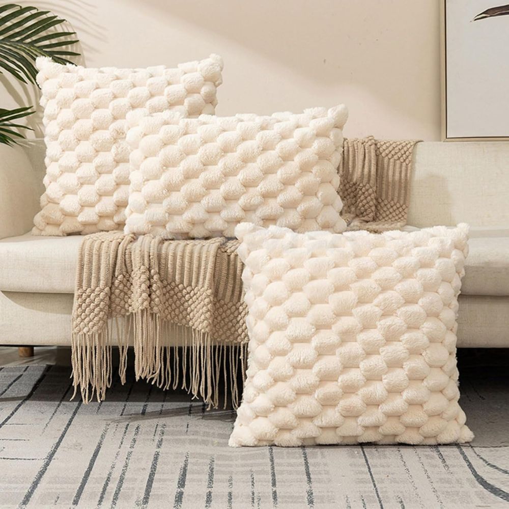 Plush Marshmallow Cushion Cover - 3D Texture, Soft Cotton Blend, Cream White 3