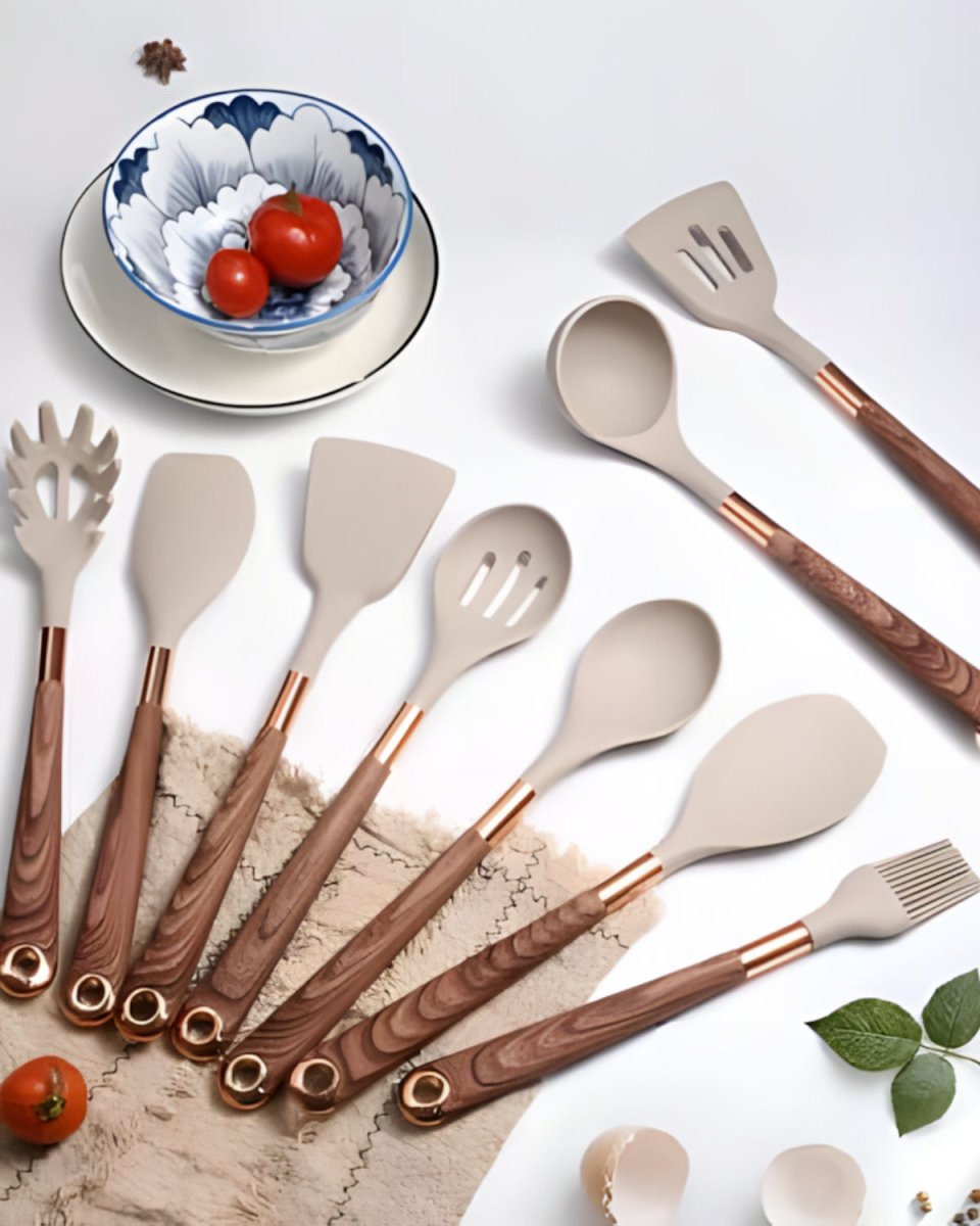 Cuivra - 11-Piece Kitchen Utensil Set with Faux Wood Handles & Silicone Heads 5