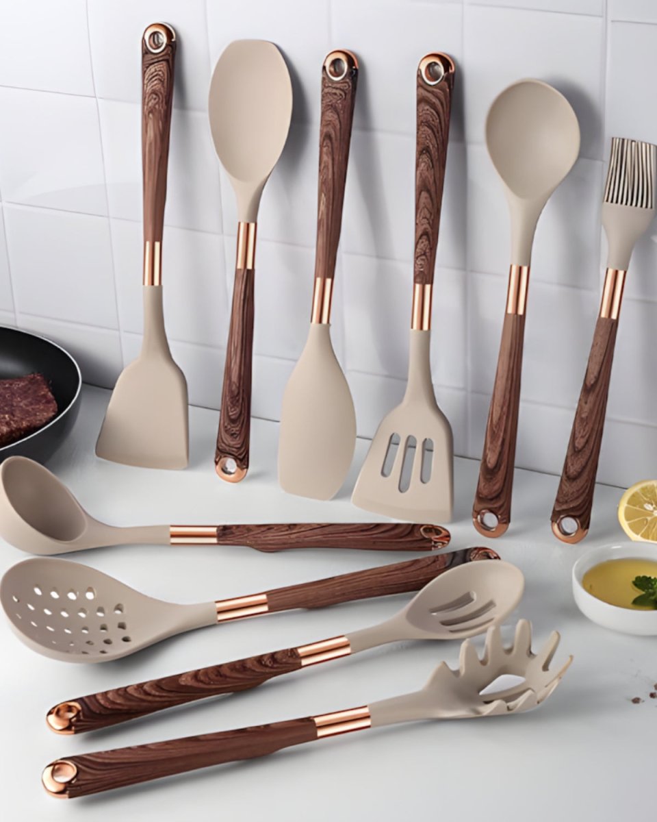Cuivra - 11-Piece Kitchen Utensil Set with Faux Wood Handles & Silicone Heads 0