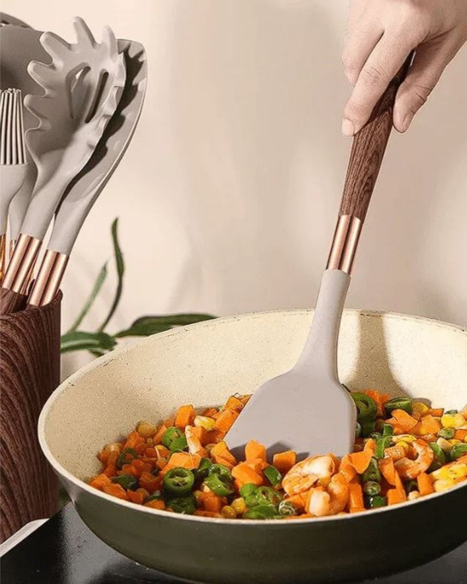 Cuivra - 11-Piece Kitchen Utensil Set with Faux Wood Handles & Silicone Heads 3