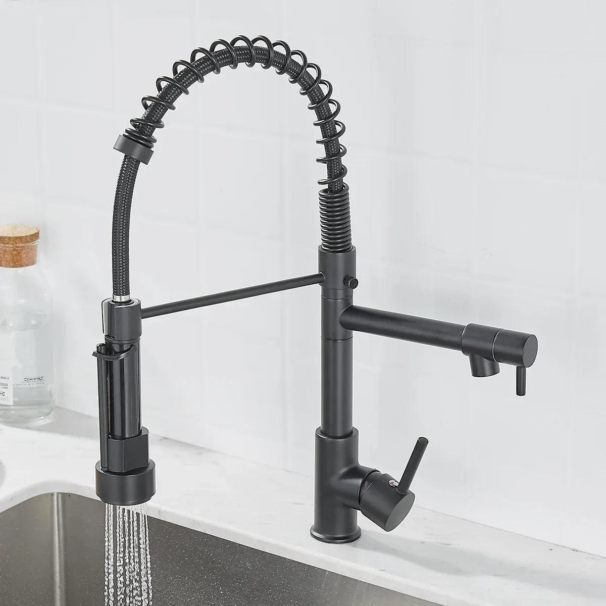 Dualflow Kitchen Tap-modern kitchen tap with double pouring & elegant black and gold finish 12