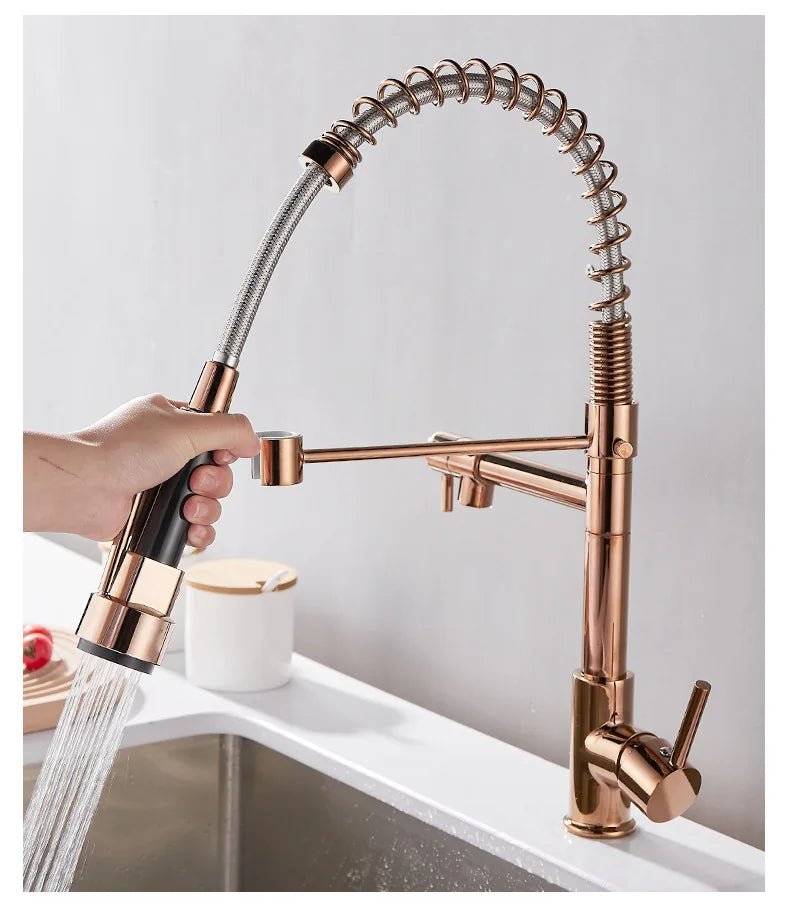 Dualflow Kitchen Tap-modern kitchen tap with double pouring & elegant black and gold finish 13