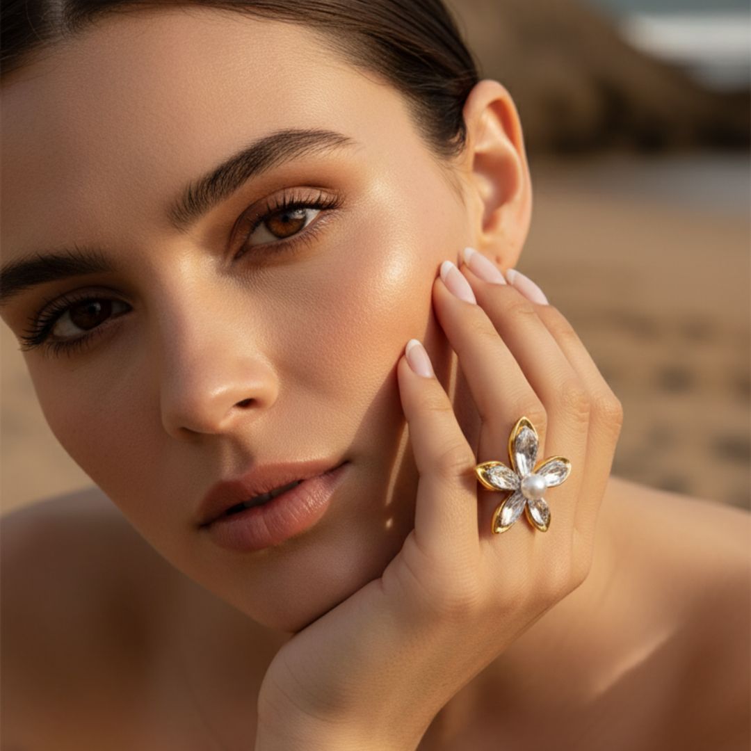 Elegante bloem parel ring - hypoallergene sieraden van roestvrij staal voor een gevoelige huid