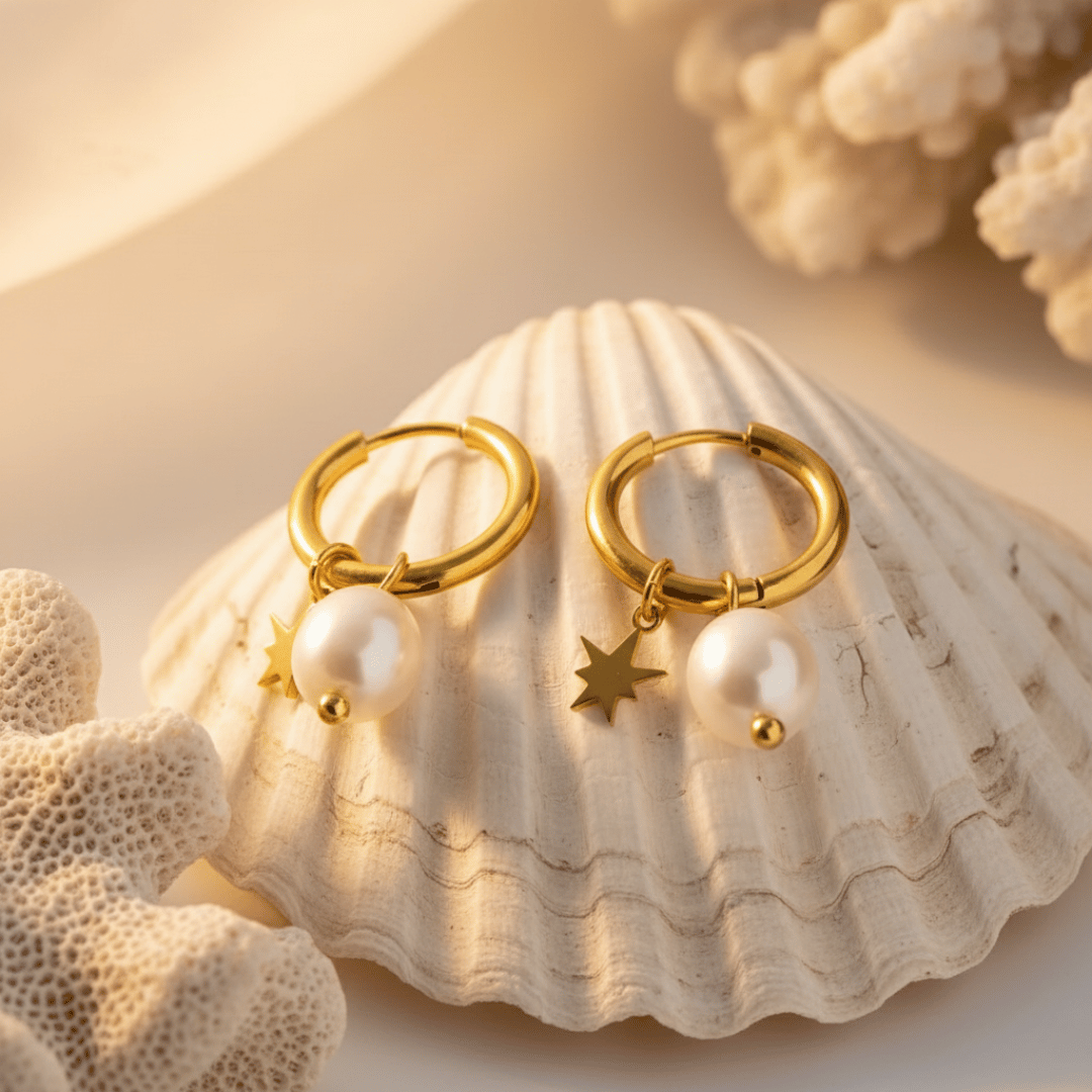 Elegante zoetwaterparel ster huggie creolen in goud