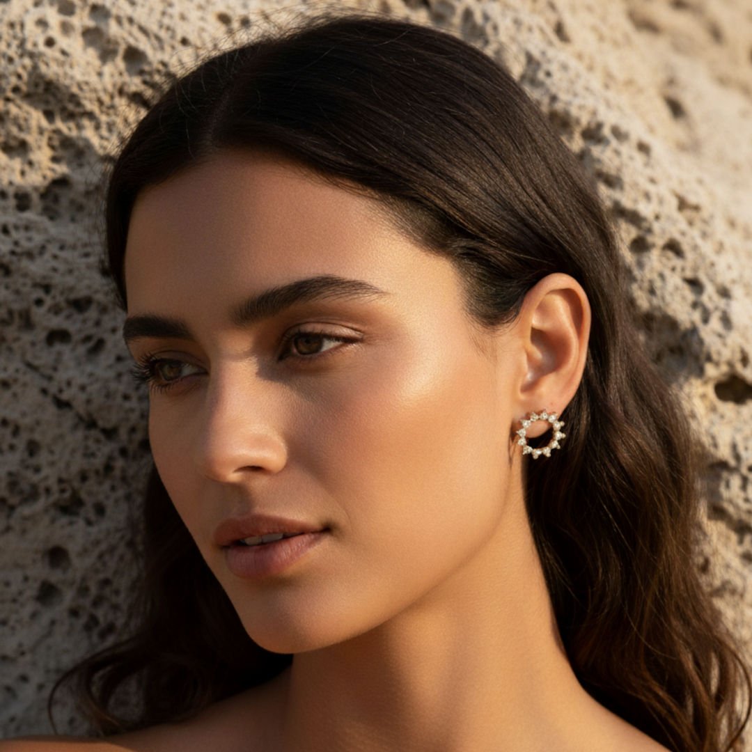 Elegant Gold Sunburst Stud Earrings with Cubic Zirconia - Hypoallergenic & Versatile