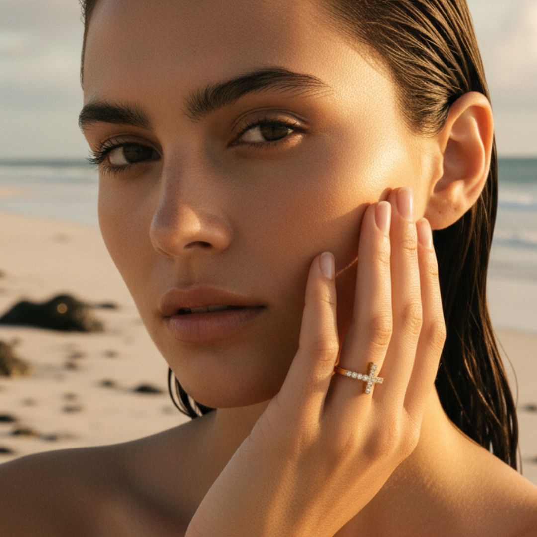 Elegante open manchet ring - zijwaarts kruis ontwerp in goud plating, hypoallergeen