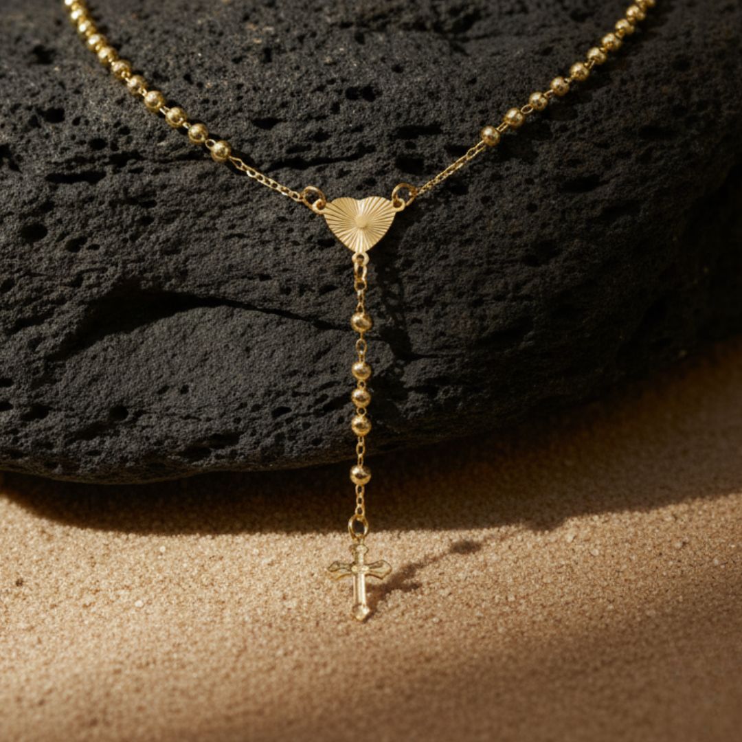 Elegant Pearl Mary Rosary Cross Necklace - Gold Filled