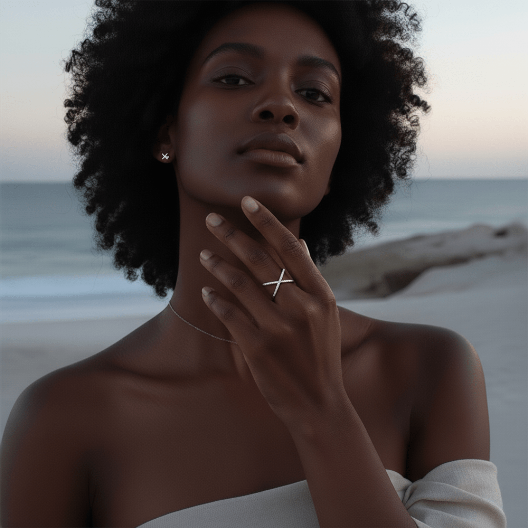 Bague élégante en acier inoxydable en forme de X avec cristaux étincelants - Taille ajustable