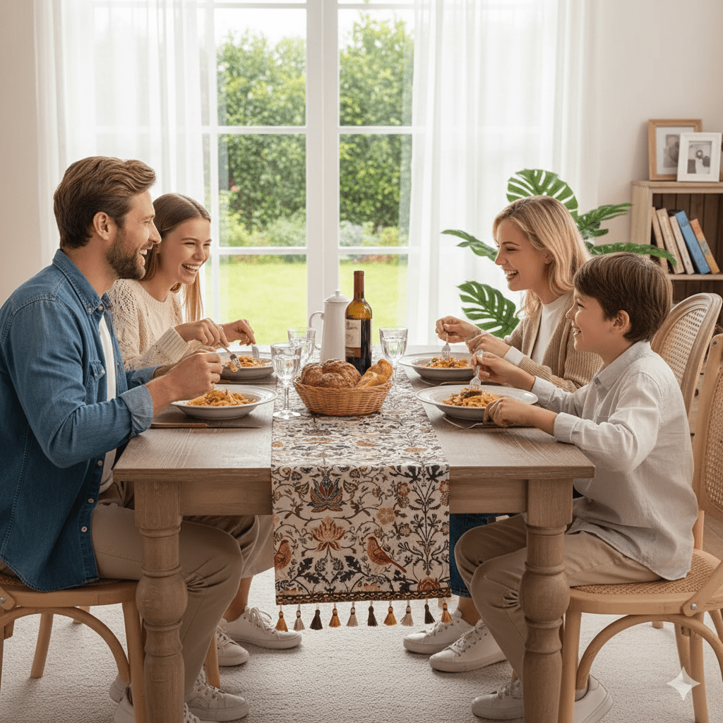 EVERBLOOM LINENS – Elegante tafelloper met bloem- en vogeljacquardontwerp