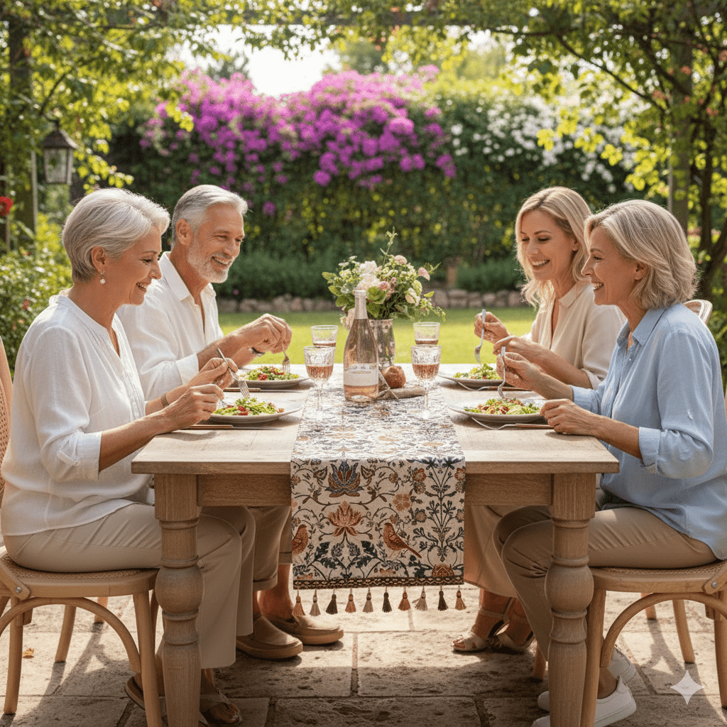 EVERBLOOM LINENS – Elegante tafelloper met bloem- en vogeljacquardontwerp