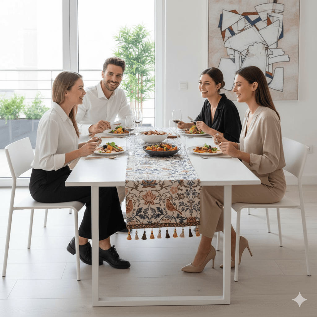 EVERBLOOM LINENS – Elegante tafelloper met bloem- en vogeljacquardontwerp