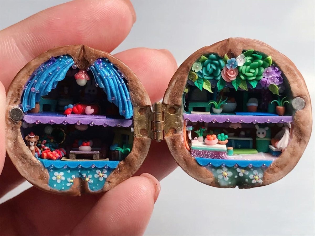 NATUREHAVEN – Handgemaakte poppenhuis van walnotenschil voor unieke miniatuurdecoratie