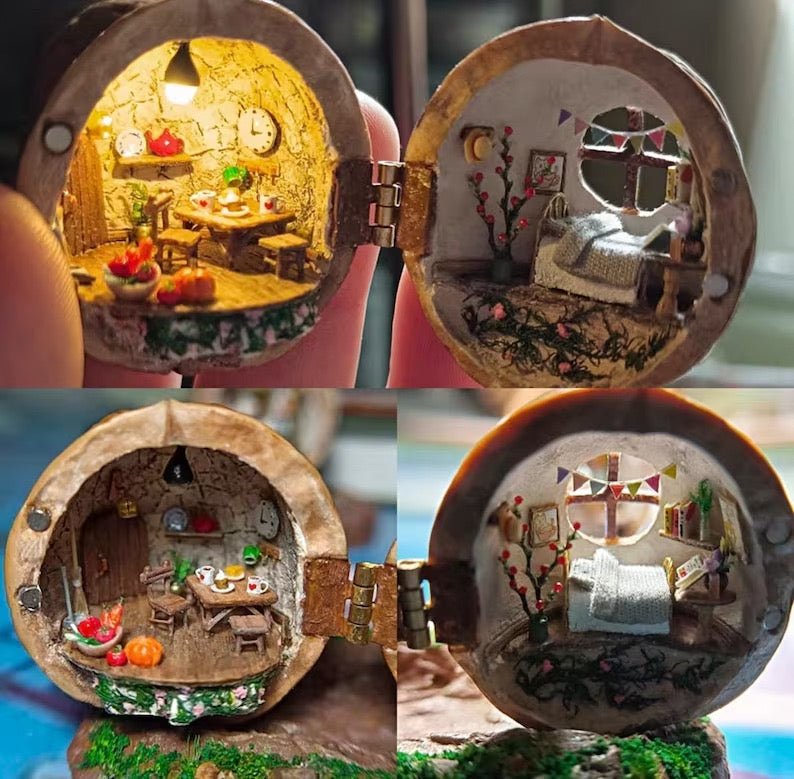NATUREHAVEN – Handgemaakte poppenhuis van walnotenschil voor unieke miniatuurdecoratie