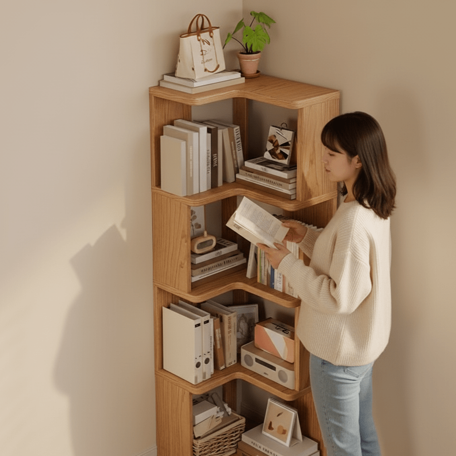 CornerWood - Hoekkast van massief hout met schuine planken voor ruimtebesparing