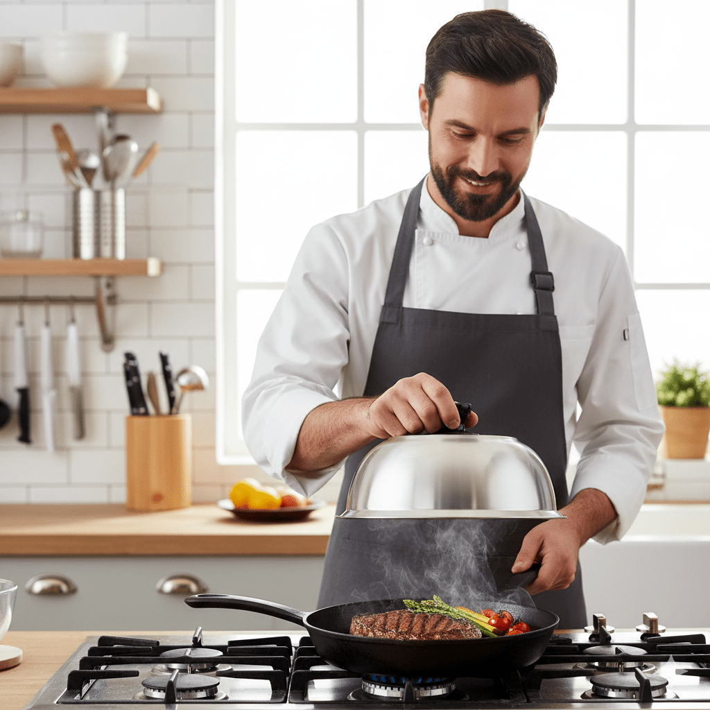PANSHIELD – Edelstahlhaube für gleichmäßiges Kochen & Schmelzen