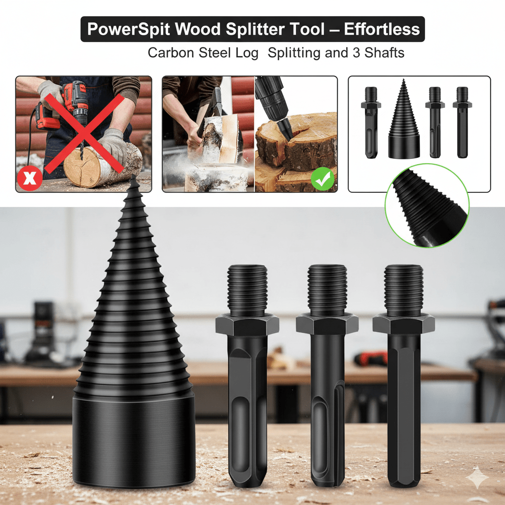 POWERSPLIT – Herramienta de división de madera de alta precisión con taladro de acero al carbono y 3 ejes
