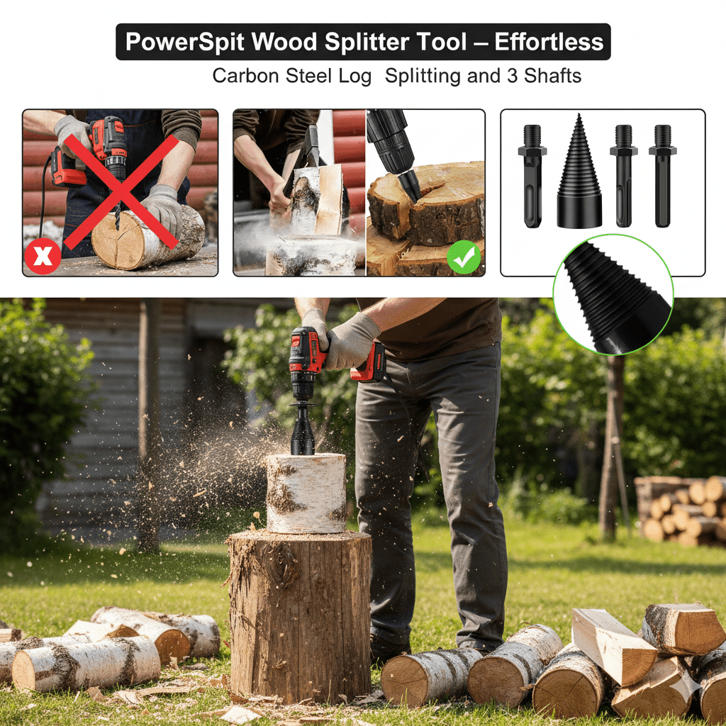 POWERSPLIT – Herramienta de división de madera de alta precisión con taladro de acero al carbono y 3 ejes