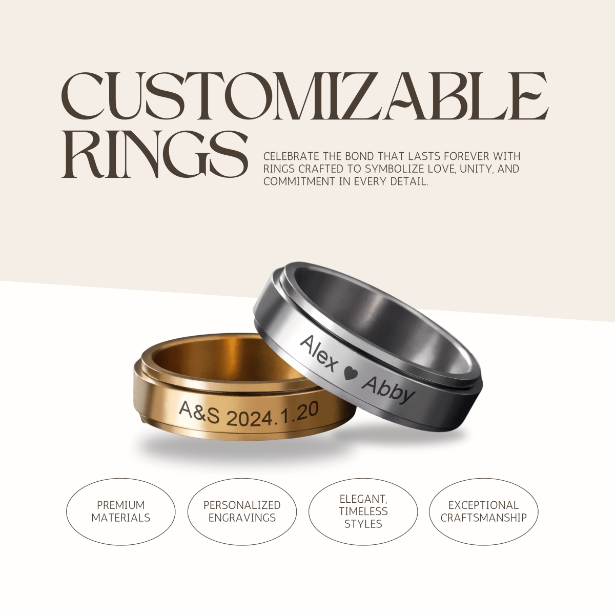 REVOLVEA – Bague Spinner Personnalisée en Acier Inoxydable pour Couples