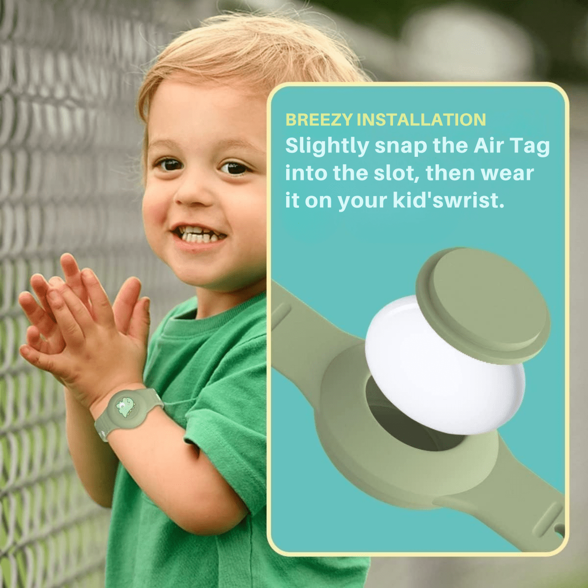 SAFESNUG – Bracelet Airtag pour enfants avec design dinosaure amusant