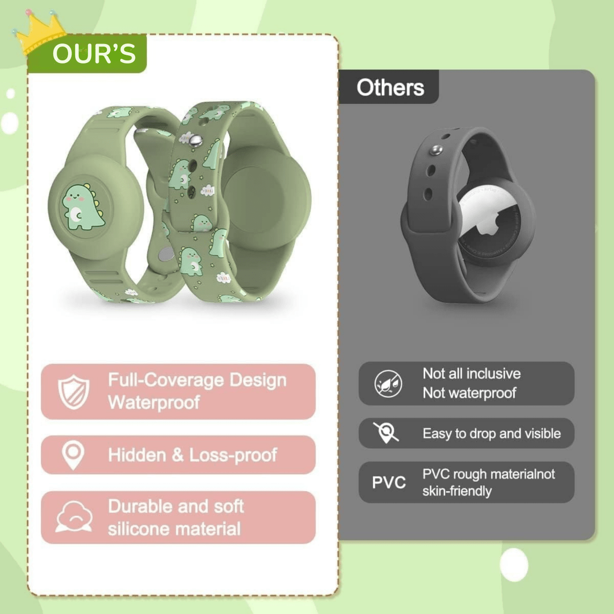 SAFESNUG – Bracelet Airtag pour enfants avec design dinosaure amusant