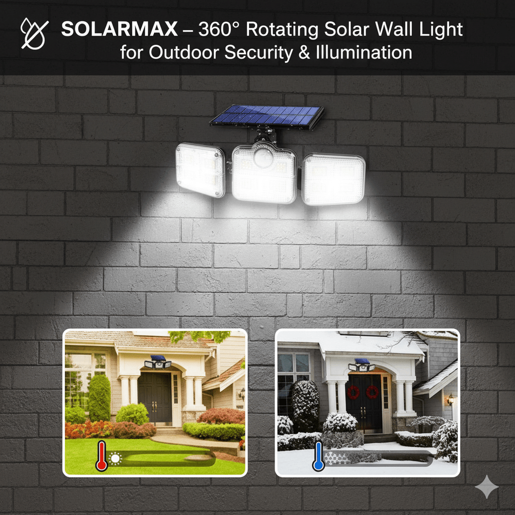 SOLARMAX – Lâmpada Solar de Parede Rotativa 360° para Segurança e Iluminação Exterior