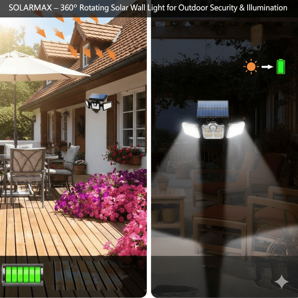 SOLARMAX – Lâmpada Solar de Parede Rotativa 360° para Segurança e Iluminação Exterior
