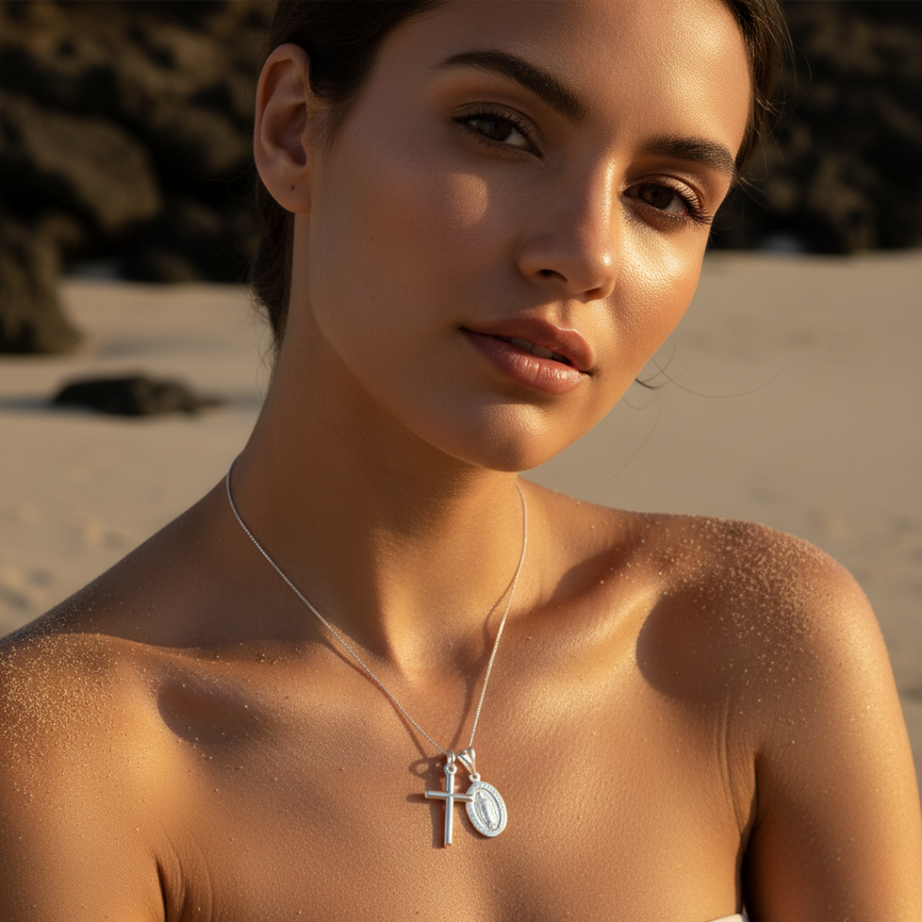 Collier élégant en or avec chaîne ajustable et pendentif croix de Guadalupe
