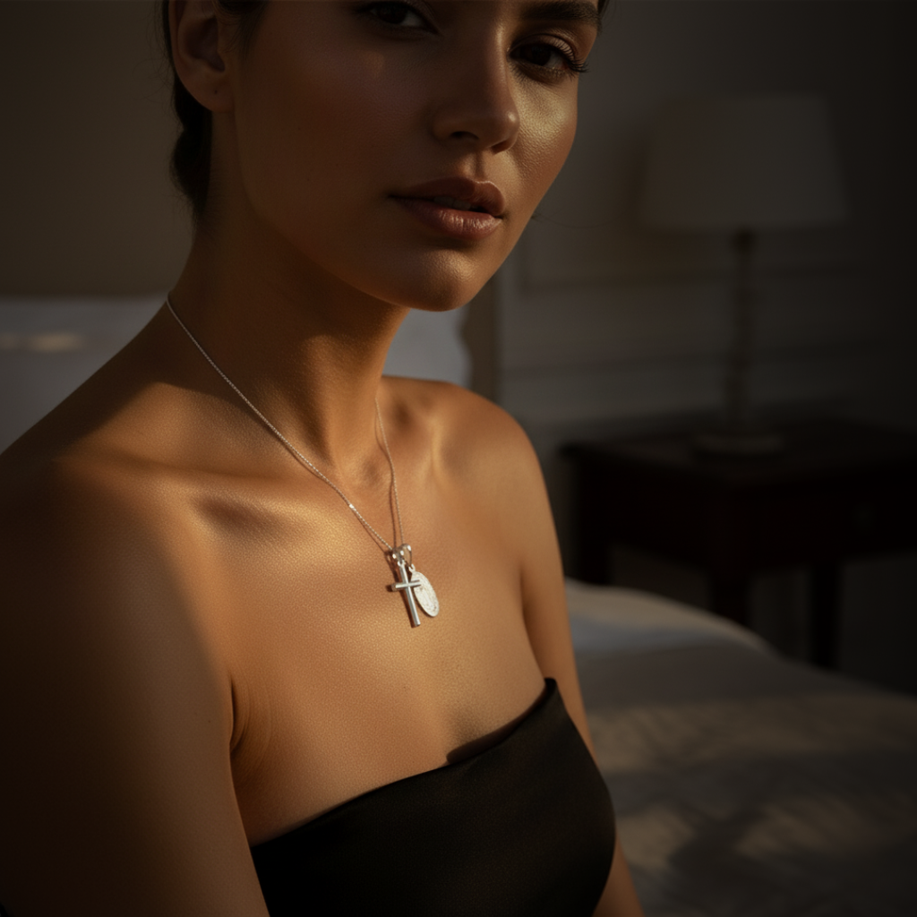 Collier élégant en or avec chaîne ajustable et pendentif croix de Guadalupe