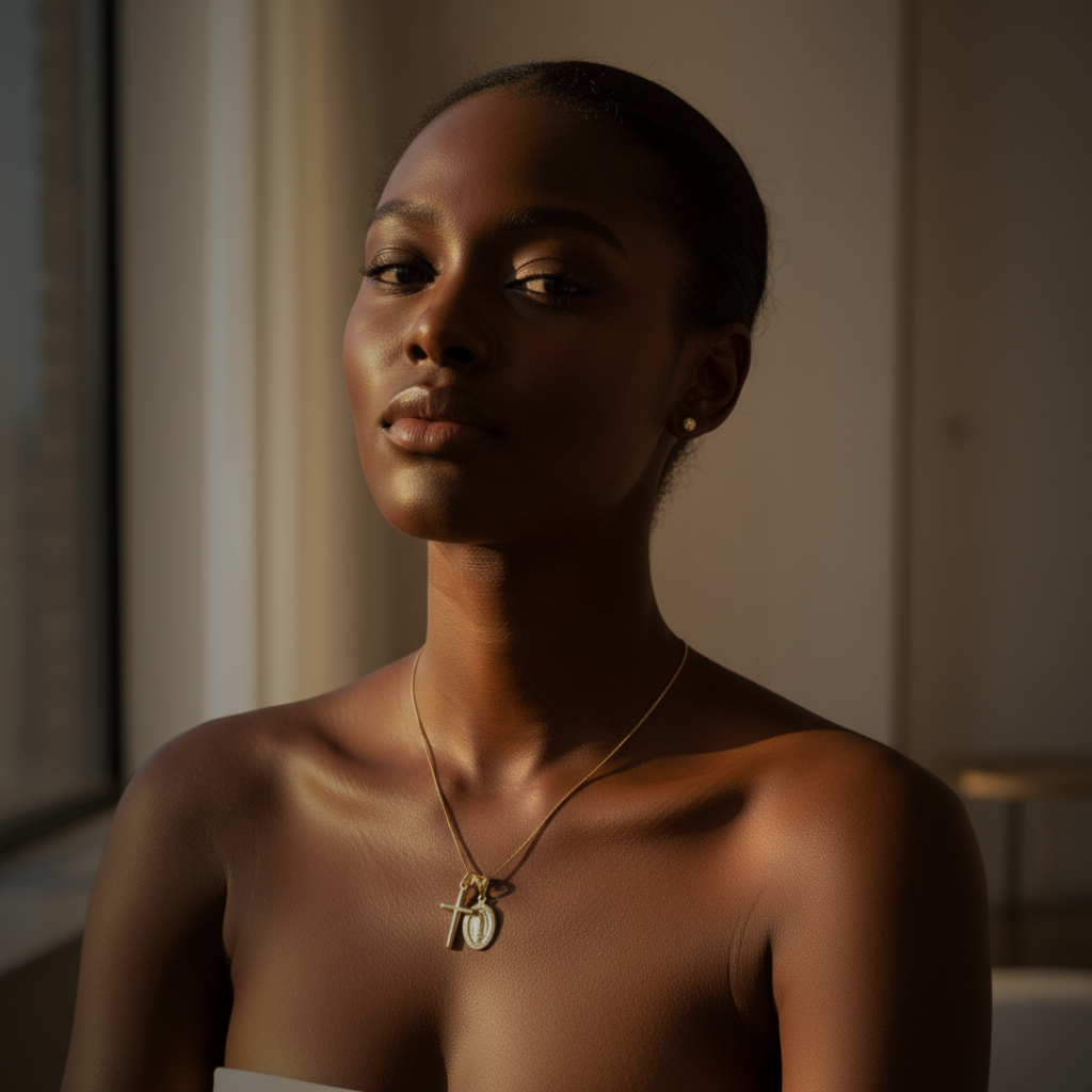 Collier élégant en or avec chaîne ajustable et pendentif croix de Guadalupe