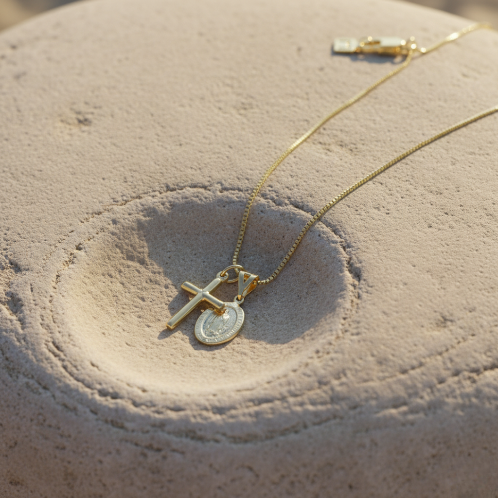 Collier élégant en or avec chaîne ajustable et pendentif croix de Guadalupe