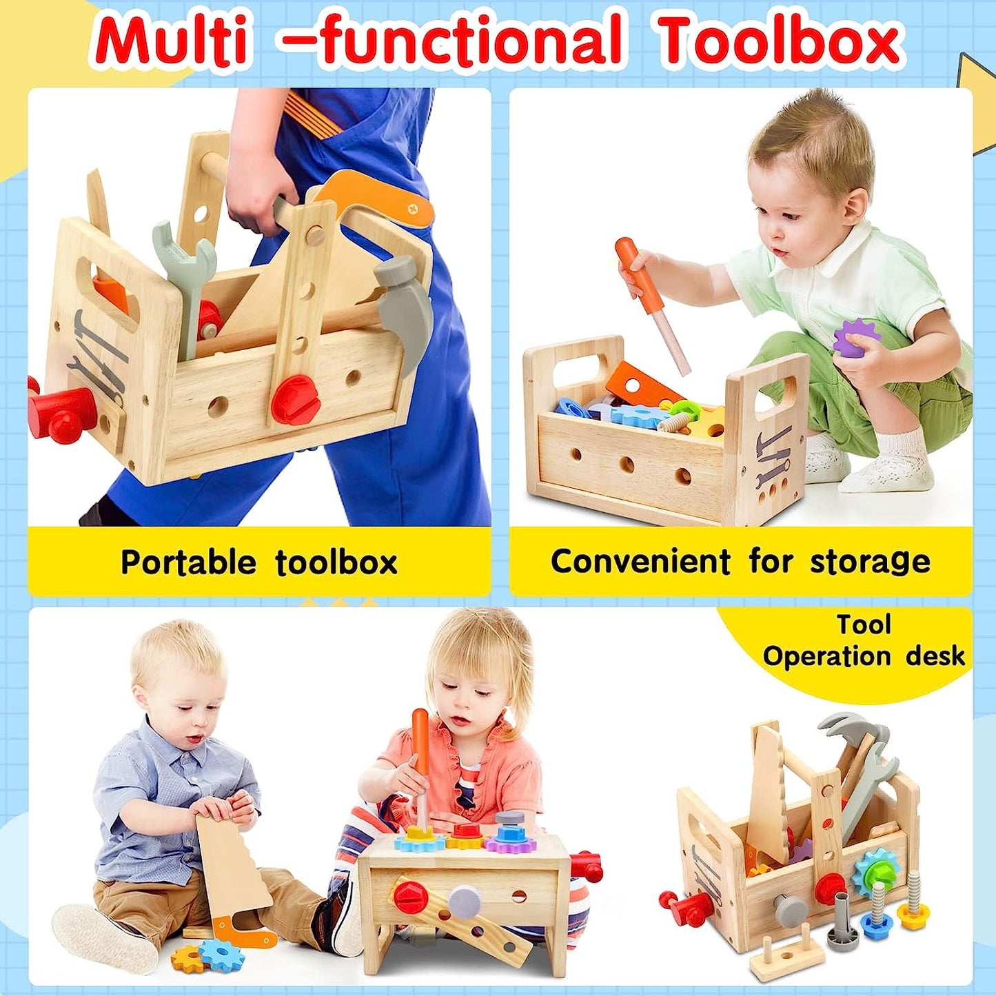 Woodcraft Kids Gereedschapskist - 29-delige houten werkbankset voor creatief spelen en ontwikkeling van vaardigheden