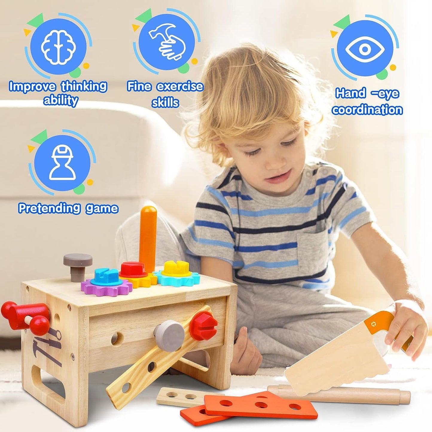 Woodcraft Kids Gereedschapskist - 29-delige houten werkbankset voor creatief spelen en ontwikkeling van vaardigheden