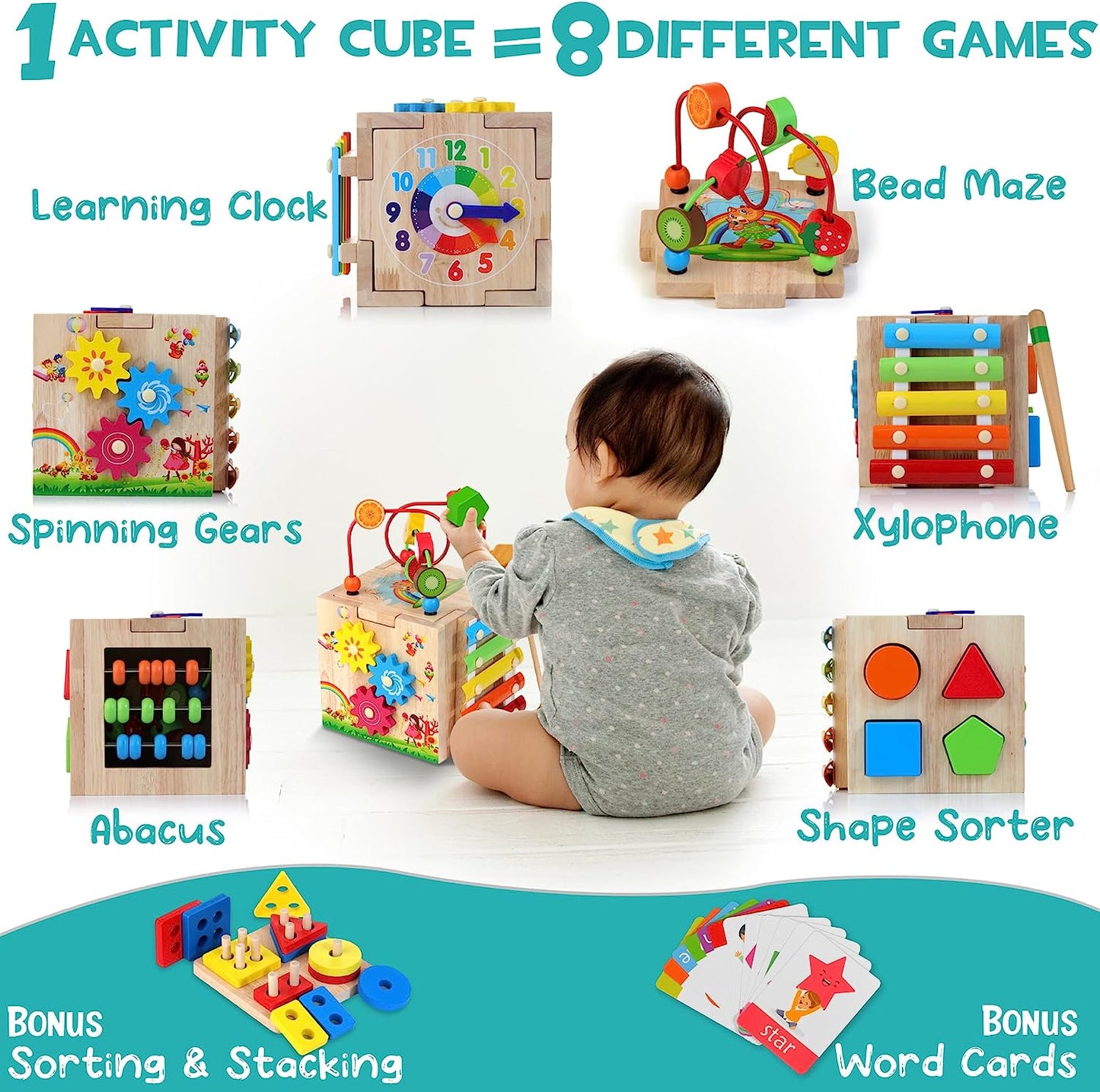 Educube 8-in-1 – Montessori Wooden Activity Cube – Early Learning Fun for Toddlers
