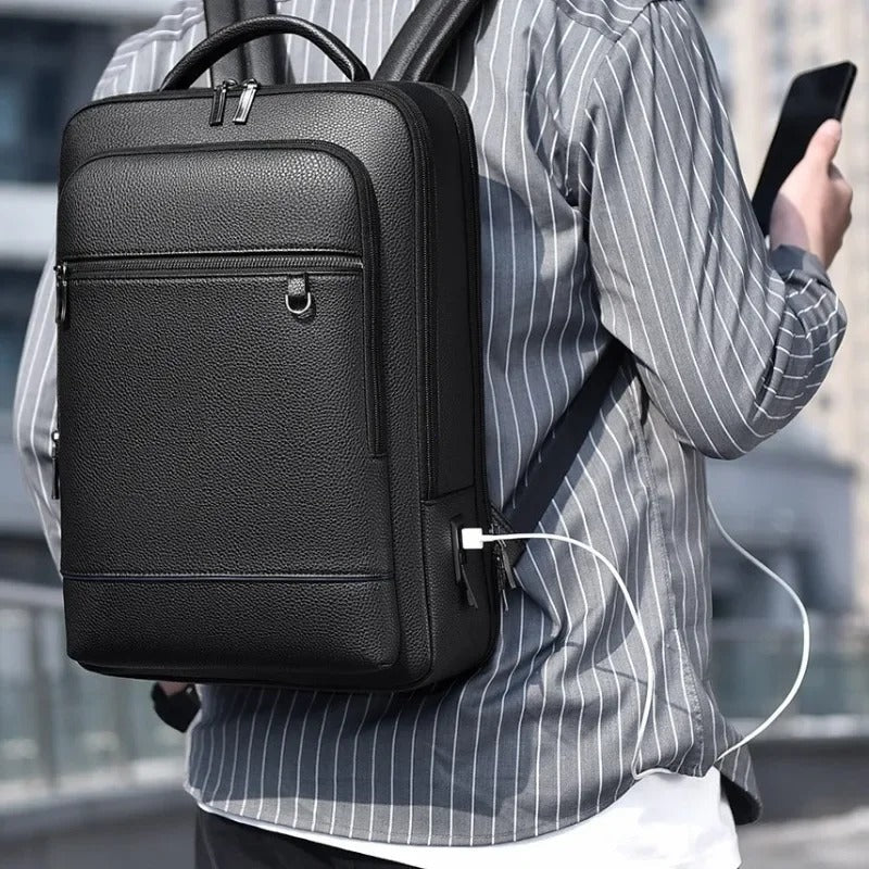 Elegant Leather Backpack with USB Port – Stylish and Functional for Work, Travel, and Daily Life