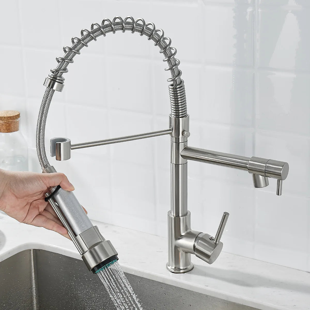 Dualflow Kitchen Tap-modern kitchen tap with double pouring & elegant black and gold finish 15