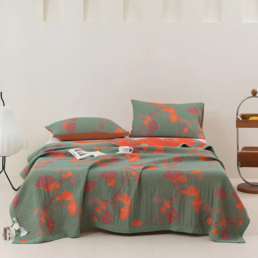 GinkgoQuilt – Set di biancheria da letto in cotone con design botanico reversibile