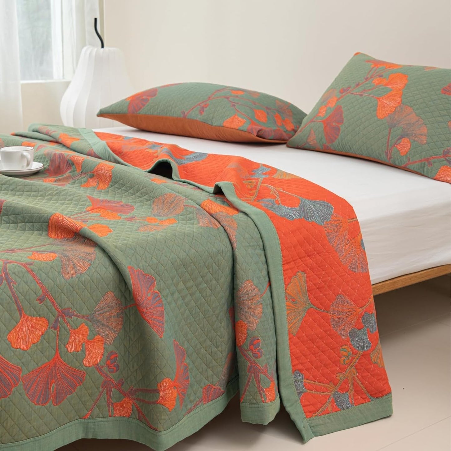GinkgoQuilt – Set di biancheria da letto in cotone con design botanico reversibile