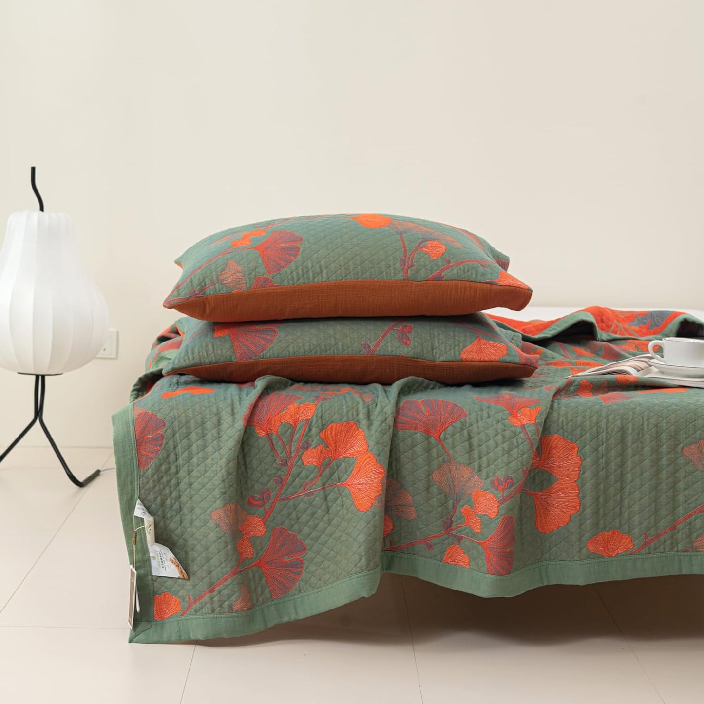 GinkgoQuilt – Set di biancheria da letto in cotone con design botanico reversibile