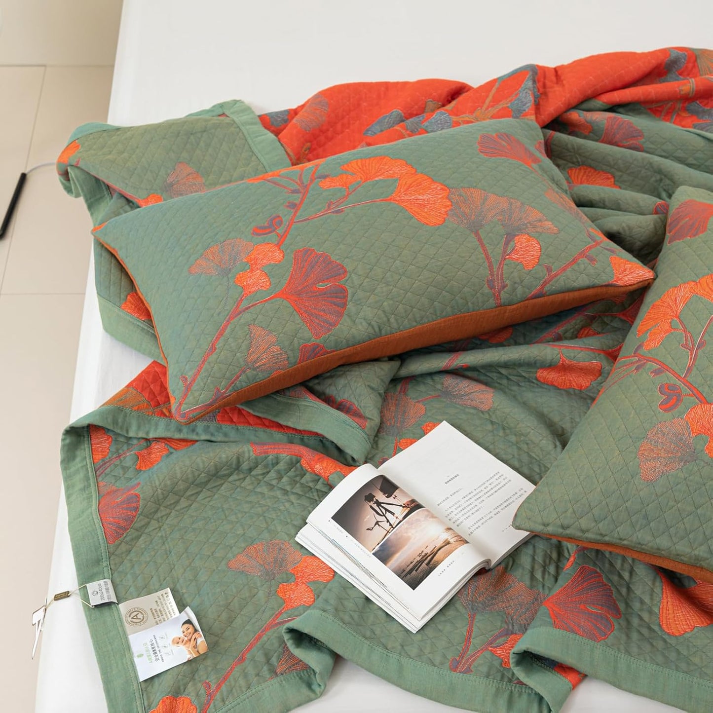 GinkgoQuilt – Set di biancheria da letto in cotone con design botanico reversibile