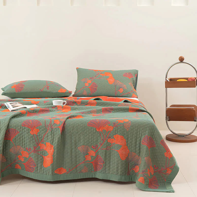 GinkgoQuilt – Set di biancheria da letto in cotone con design botanico reversibile