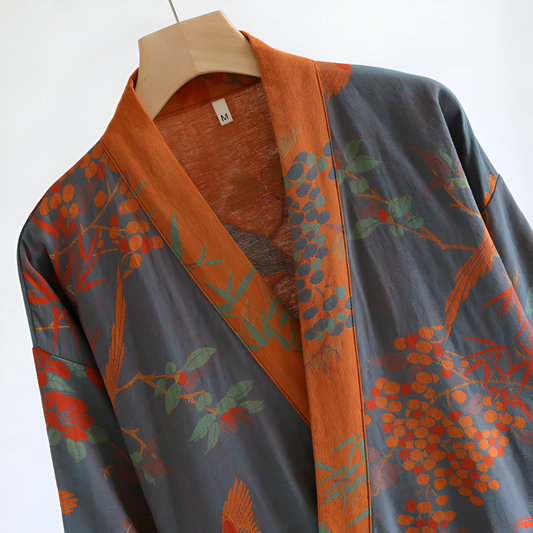 Retro Cotton Gauze Bathrobe – Lightweight Robe with Jacquard Pattern
