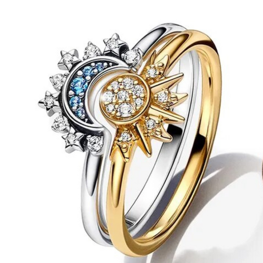 ANELLO LUNARA - Anello in cristallo scintillante d'argento con disegno di luna e sole
