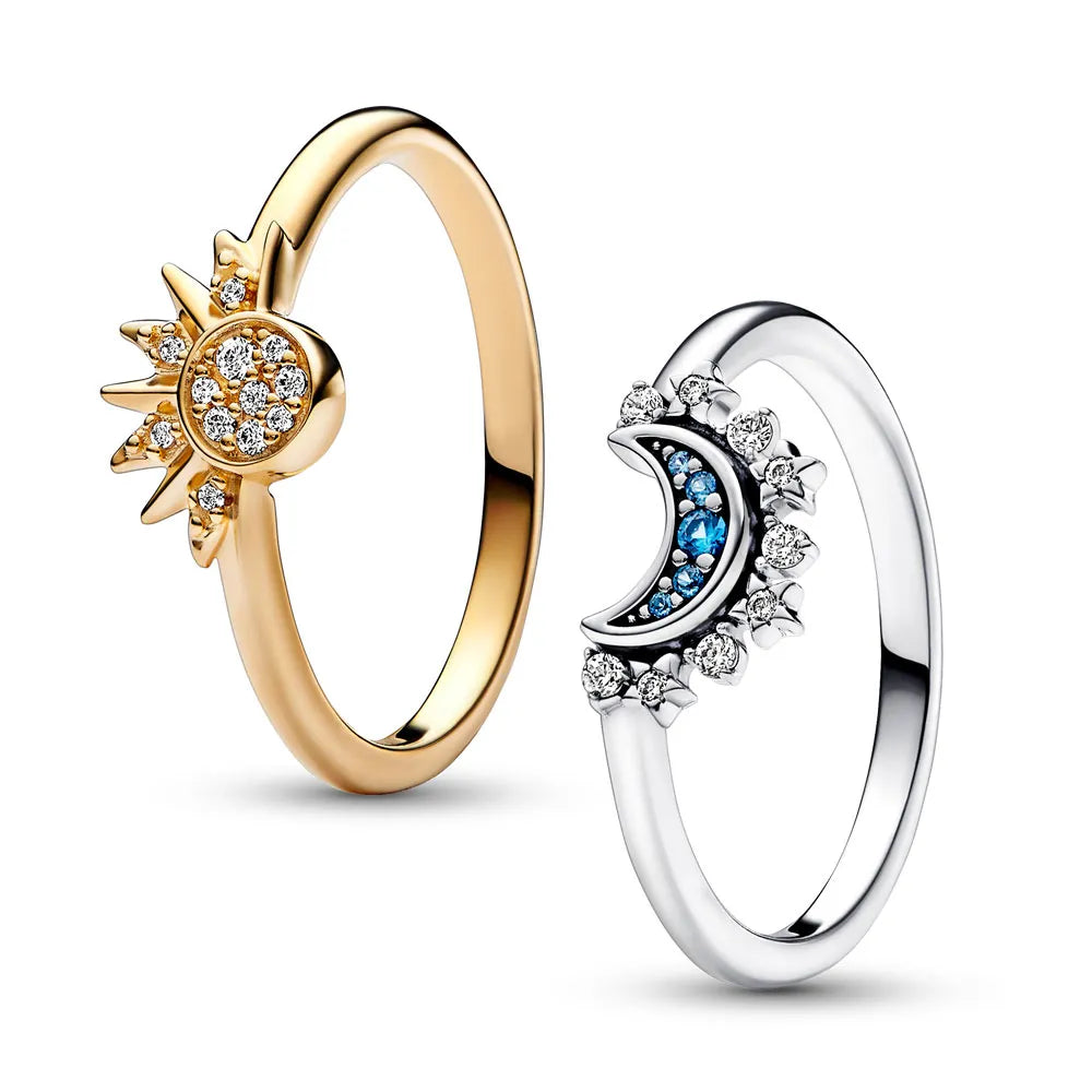 ANELLO LUNARA - Anello in cristallo scintillante d'argento con disegno di luna e sole