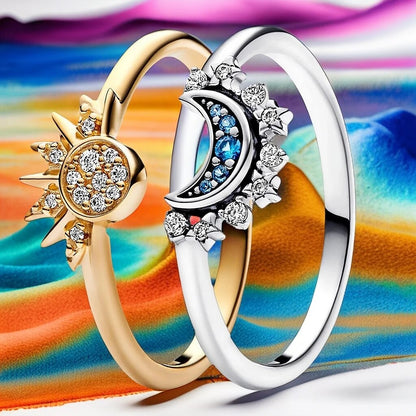 ANELLO LUNARA - Anello in cristallo scintillante d'argento con disegno di luna e sole