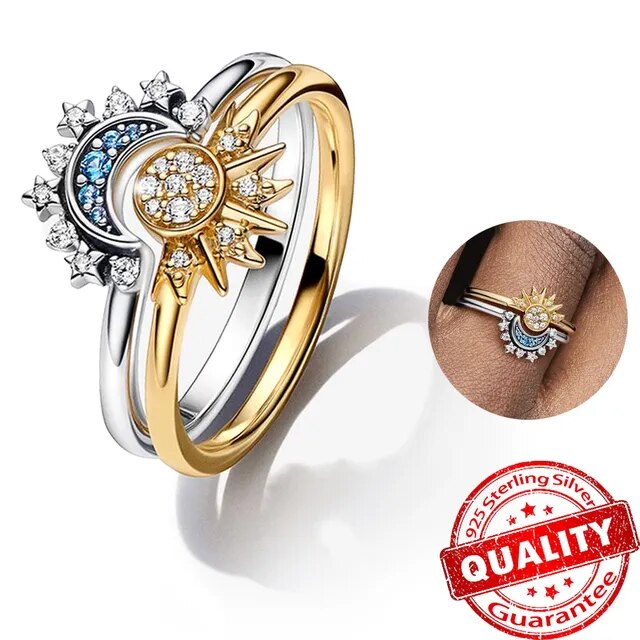 ANELLO LUNARA - Anello in cristallo scintillante d'argento con disegno di luna e sole
